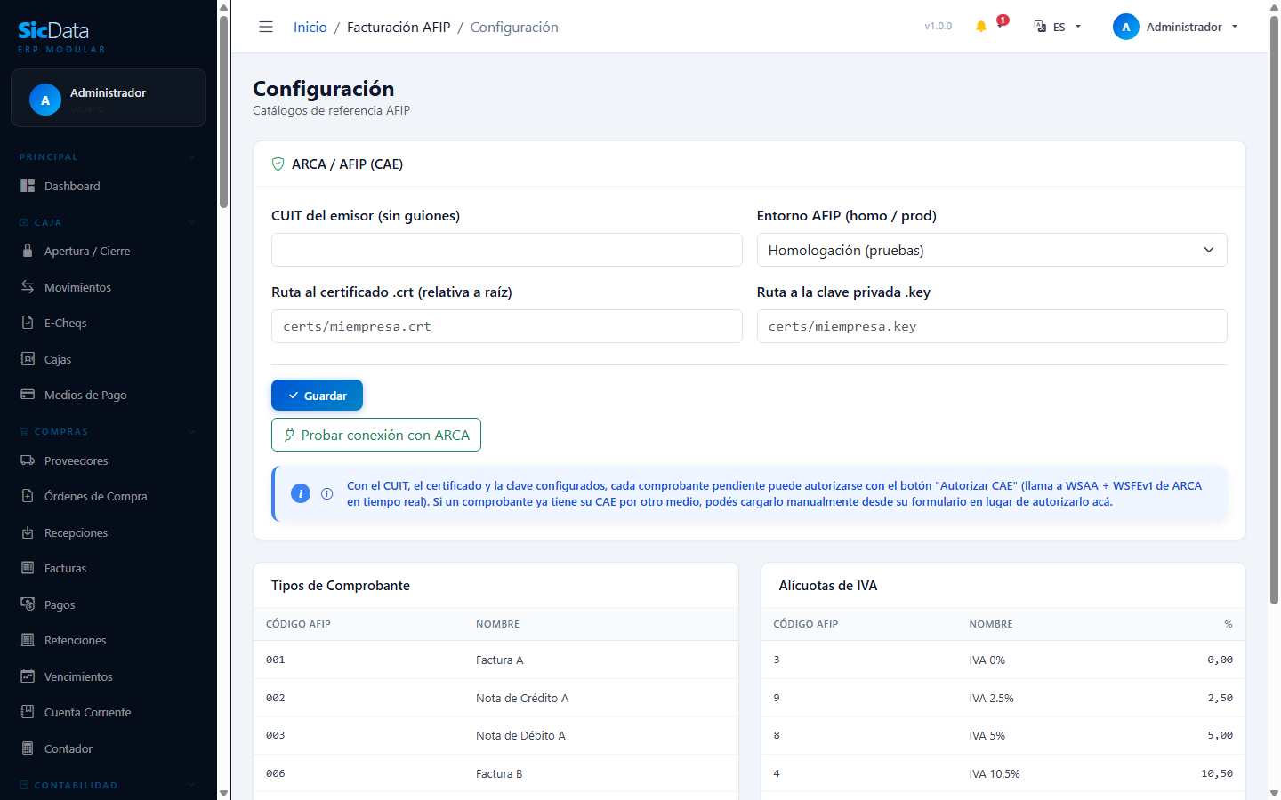 Configuración ARCA/AFIP